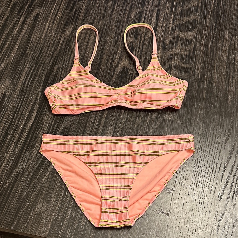 Aerie Beach Babe Shine Rib Voop Top and Bottom Bikini Set in Pink Yellow, M/L - Picture 5 of 13